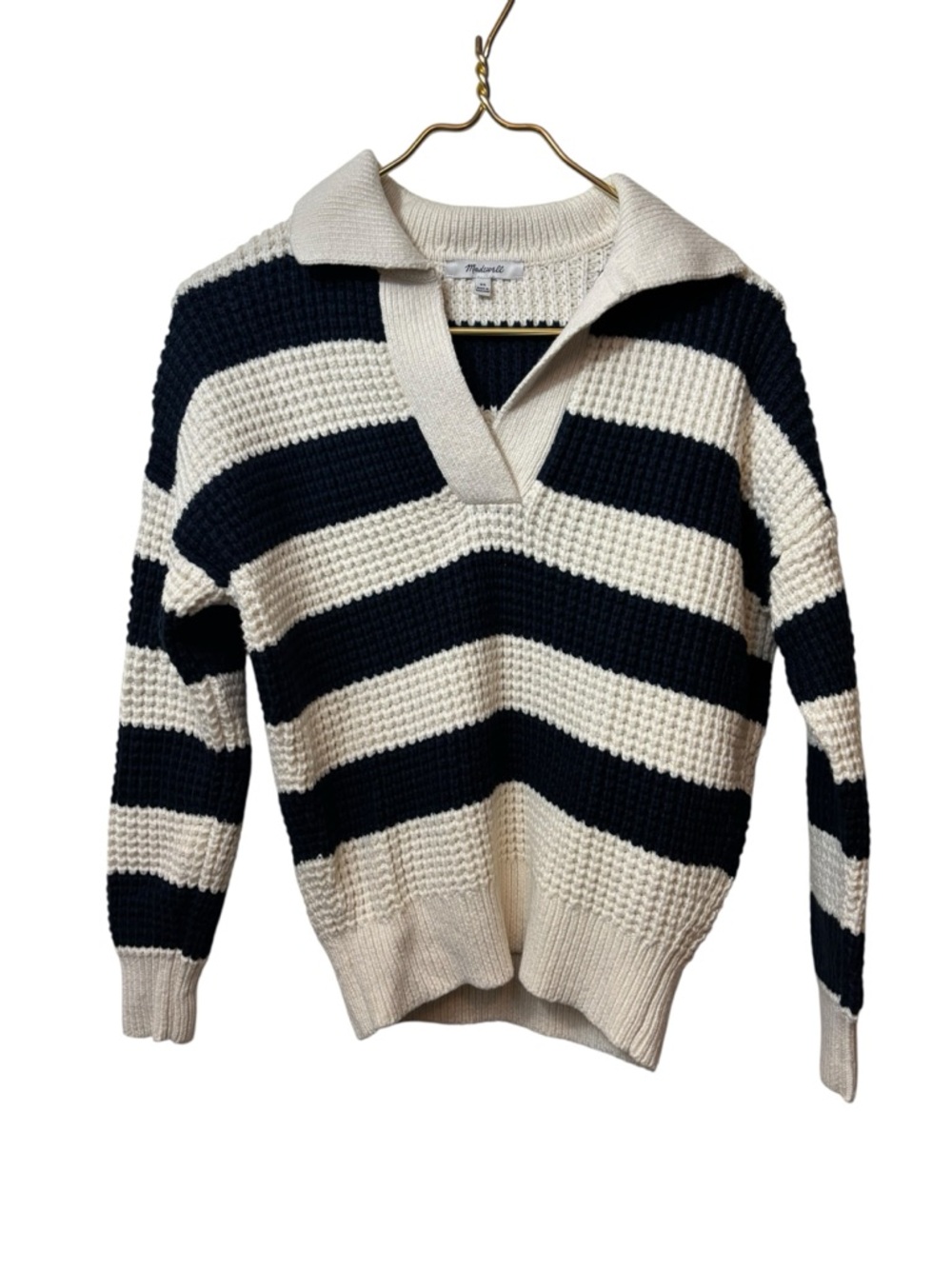 Madewell | Striped V-Neck Polo Sweater XS